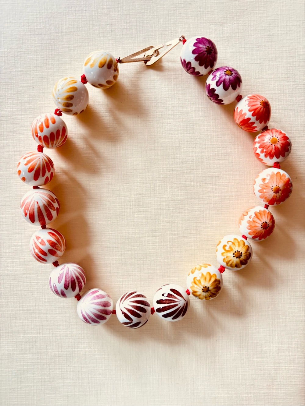 Statement Museum Necklace Ceramic Beads Hand Painted Flowers